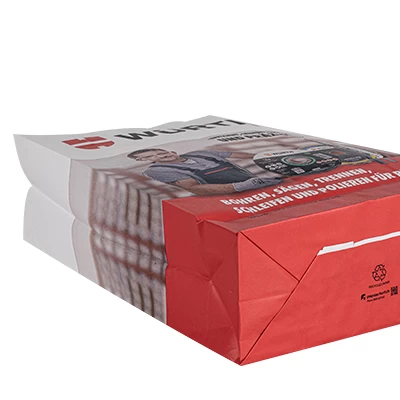 Unsere Ligne ARC. Tragtasche aus weissem Recycling-Papier. Bedruckt im vollautomatischen Flexodruck.